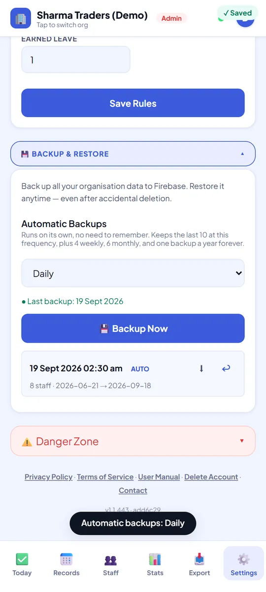 Backup and Restore: Automatic Backups set to Daily, a Backup Now button and the latest backup with a restore button