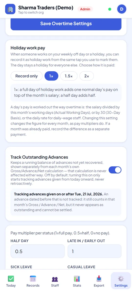 The Holiday work pay setting with Record only, 1×, 1.5× and 2×; 1× is chosen
