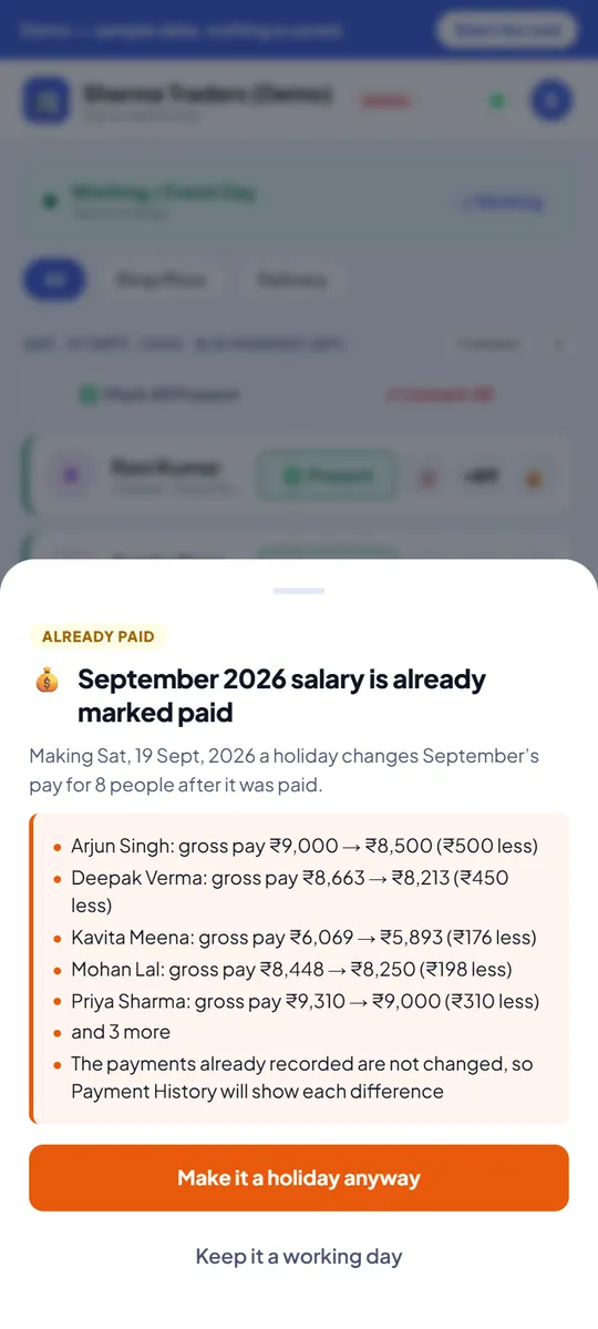 Warning: September 2026 salary is already marked paid. Making the day a holiday lowers pay for 8 people, for example Arjun Singh from ₹9,000 to ₹8,500