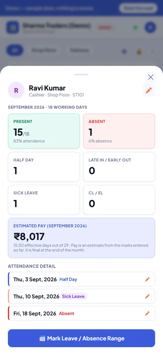 Ravi Kumar's month: 15 of 18 days present, one absence, one half day, one sick leave and estimated pay of ₹8,017